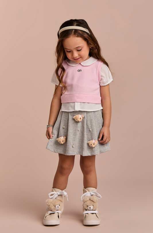 Conjunto Infantil Blusa MC com Tricot Rosa e Saia Pregas Ursinhos - Gabriela Aquarela