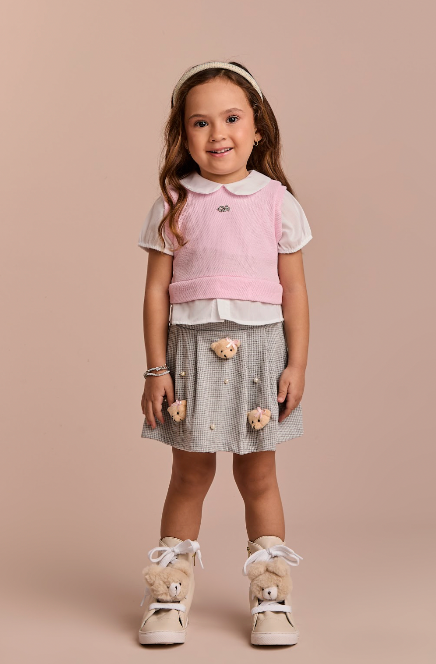 Conjunto Infantil Blusa MC com Tricot Rosa e Saia Pregas Ursinhos - Gabriela Aquarela