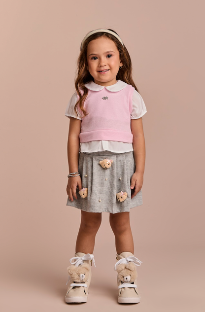 Conjunto Infantil Blusa MC com Tricot Rosa e Saia Pregas Ursinhos - Gabriela Aquarela