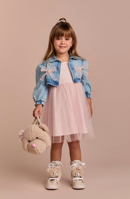 Vestido Infantil Tule Rosa Com Jaquetinha Jeans Laços - Gabriela Aquarela