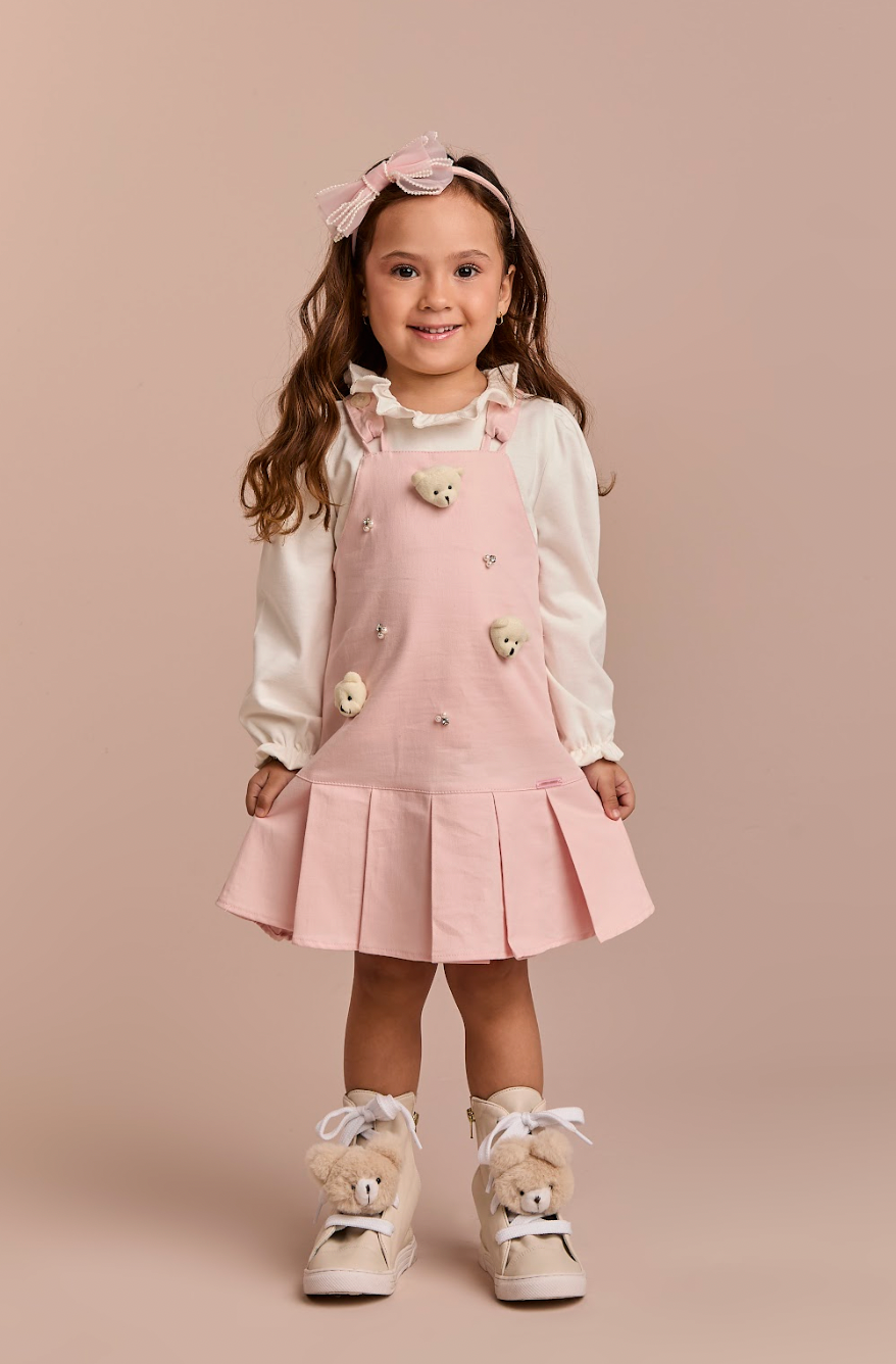 Salopete Infantil Rosa Ursinhos Com Blusa Golinha MC Off White - Gabriela Aquarela