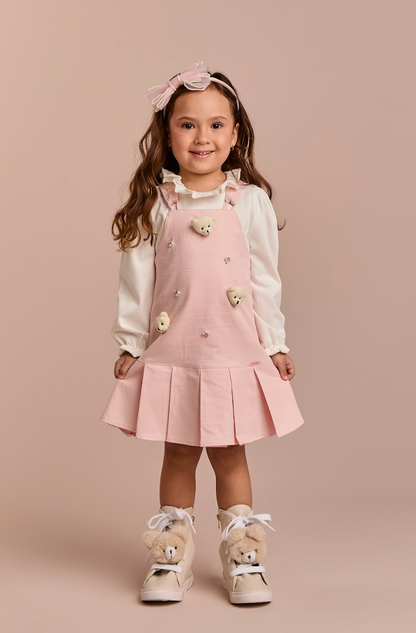 Salopete Infantil Rosa Ursinhos Com Blusa Golinha MC Off White - Gabriela Aquarela