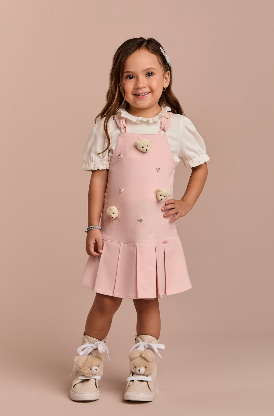 Salopete Infantil Rosa Ursinhos Com Blusa Golinha MC Off White - Gabriela Aquarela