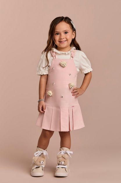 Salopete Infantil Rosa Ursinhos Com Blusa Golinha MC Off White - Gabriela Aquarela