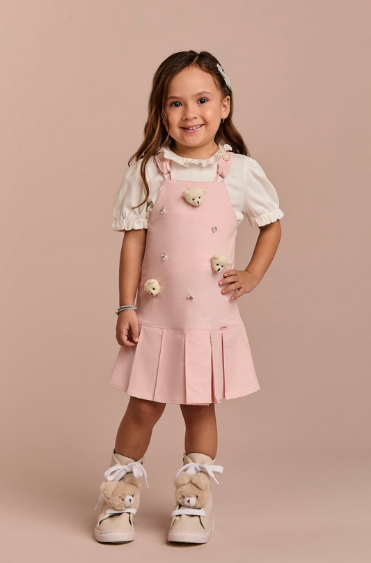 Salopete Infantil Rosa Ursinhos Com Blusa Golinha MC Off White - Gabriela Aquarela