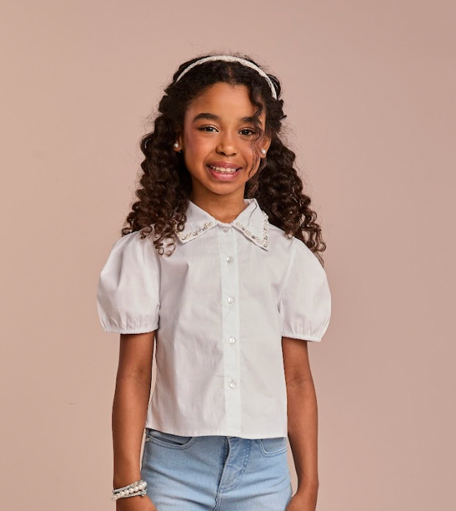 Camisa Infantil Algodão Gola Cristais Branca - Gabriela Aquarela