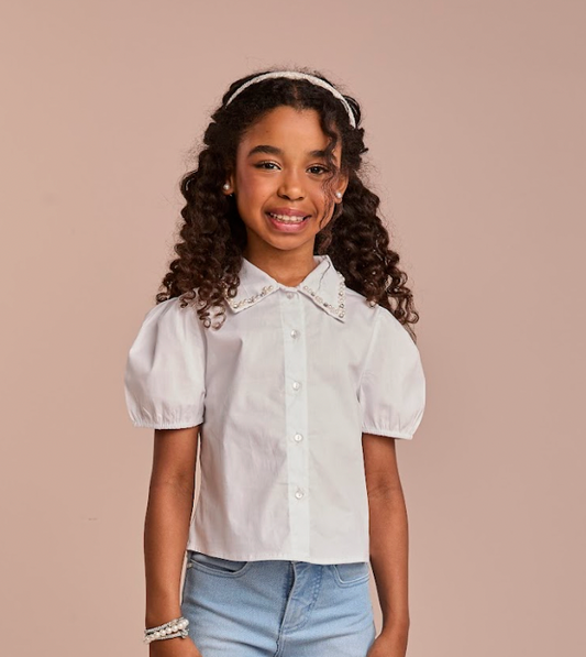 Camisa Infantil Algodão Gola Cristais Branca - Gabriela Aquarela
