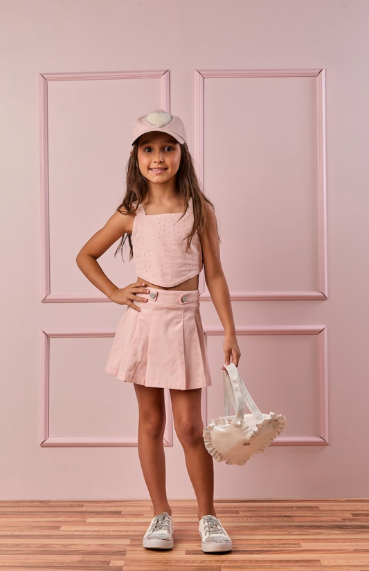 Conjunto Infantil Blusa Pétala Cristais e Saia Pregas Rosa - Gabriela Aquarela