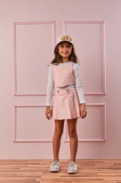 Conjunto Infantil Blusa Pétala Cristais e Saia Pregas Rosa - Gabriela Aquarela