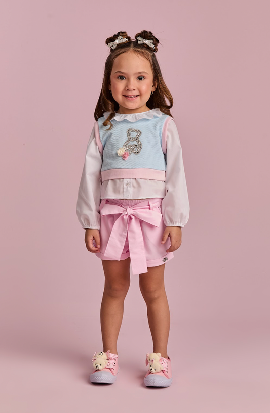 Conjunto Infantil Blusa ML com Tricot Azul Ursinho Cristal e Shorst Rosa - Gabriela Aquarela