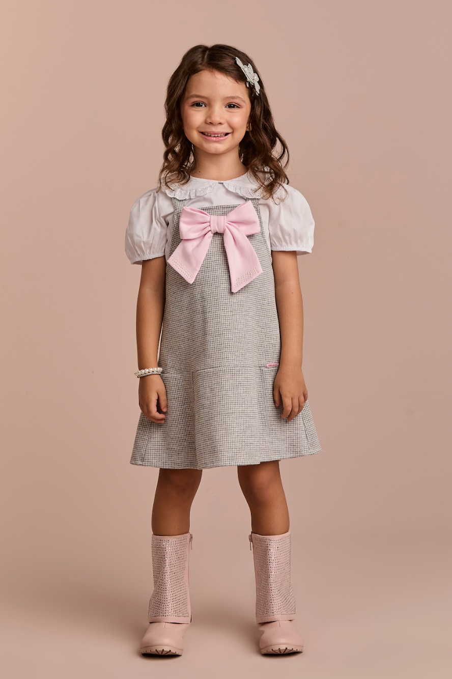 Salopete Infantil Pied Poule Laço com Camisa Gola Babadinho Branca  - Gabriela Aquarela
