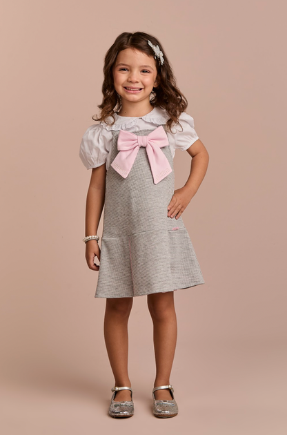 Salopete Infantil Pied Poule Laço com Camisa Gola Babadinho Branca  - Gabriela Aquarela