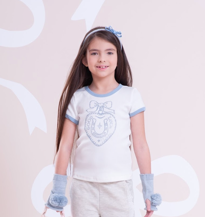 Conjunto Infantil Blusa Rib Good Luck Bordada e Shorts Rosa Estampa Cavalinhos - Pituchinhus