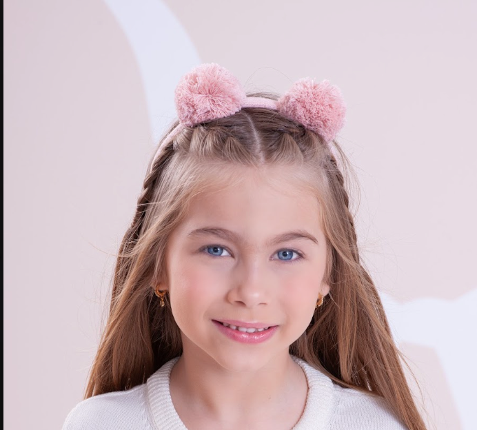 Arquinho Infantil Tricot Pompom Rosa Mel - Pituchinhus