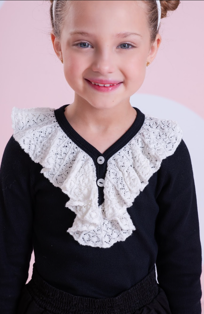 Blusa Algodão Tricot ML Jabô Botões Preta - Pituchinhus