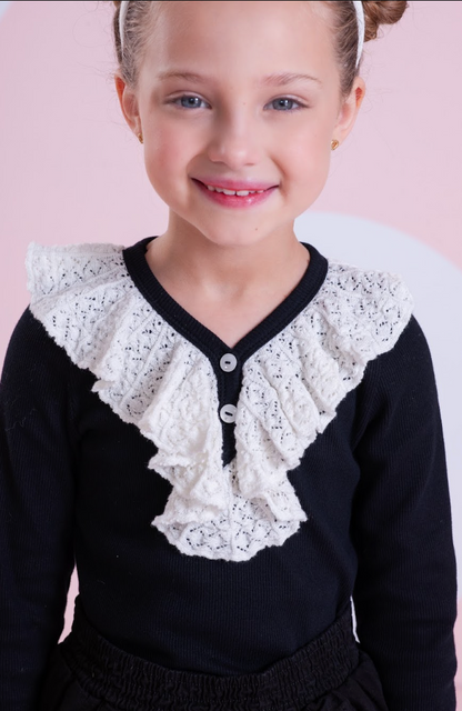 Blusa Algodão Tricot ML Jabô Botões Preta - Pituchinhus