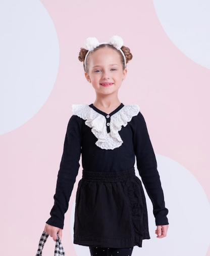 Blusa Algodão Tricot ML Jabô Botões Preta - Pituchinhus