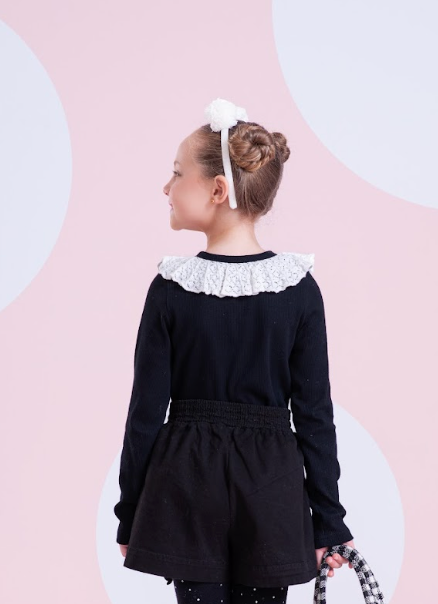 Blusa Algodão Tricot ML Jabô Botões Preta - Pituchinhus