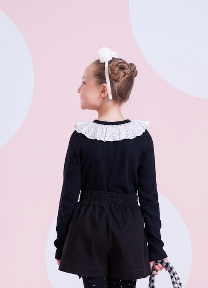 Blusa Algodão Tricot ML Jabô Botões Preta - Pituchinhus
