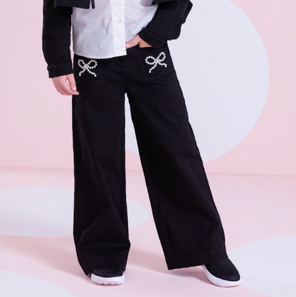 Calça Infantil Sarja Reta Laços Bordados Bolsos Preta - Pituchinhus