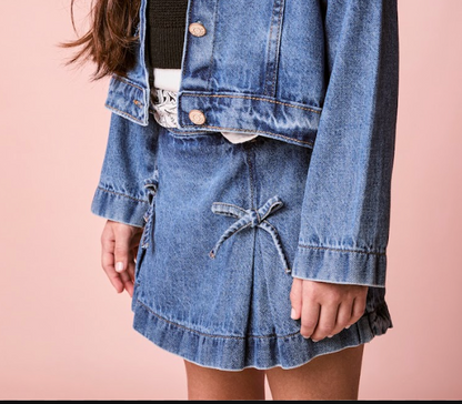 Shorts-Saia Infantil Jeans com Laços - Momi