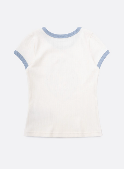 Conjunto Infantil Blusa Off White Good Luck Bordada e Legging Tricot Xadrez Azul - Pituchinhus