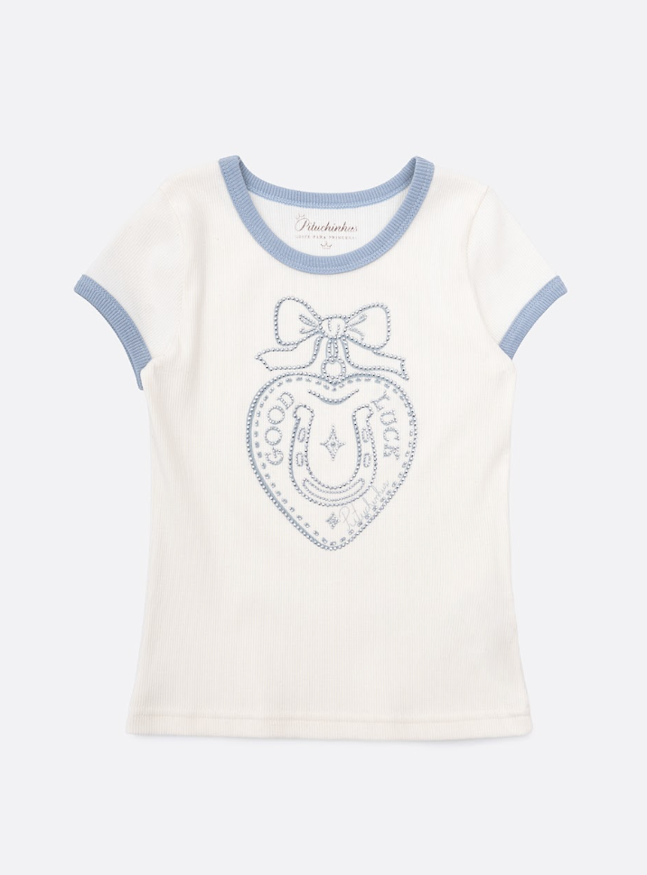Conjunto Infantil Blusa Off White Good Luck Bordada e Legging Tricot Xadrez Azul - Pituchinhus