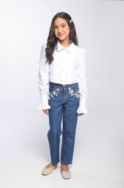 Camisa Infantil Algodão Babadinhos Punho Pregas Branca - Luluzinha