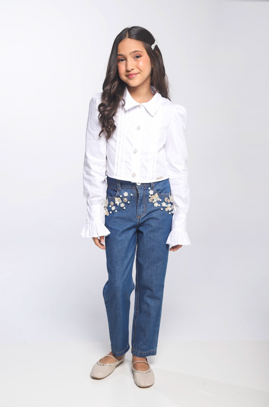 Calça Infantil Bordada Flores Brancas Jeans - Luluzinha