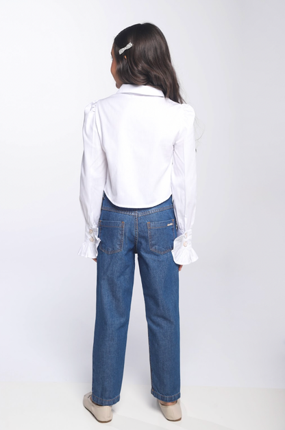 Camisa Infantil Algodão Babadinhos Punho Pregas Branca - Luluzinha