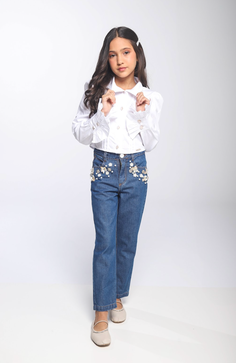 Camisa Infantil Algodão Babadinhos Punho Pregas Branca - Luluzinha