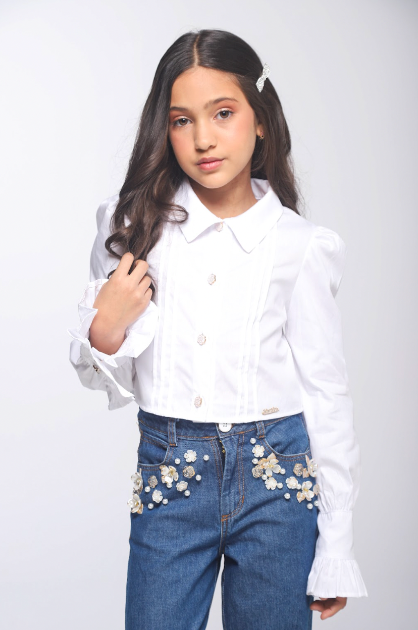 Camisa Infantil Algodão Babadinhos Punho Pregas Branca - Luluzinha