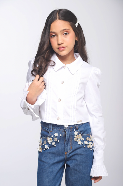 Camisa Infantil Algodão Babadinhos Punho Pregas Branca - Luluzinha