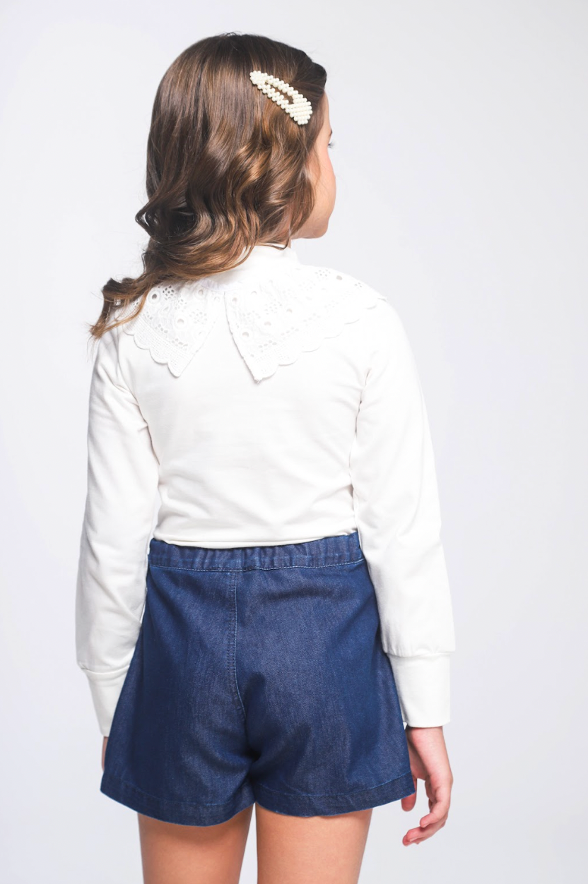 Shorts-Saia Infantil Jeans Bordada Flores - Luluzinha