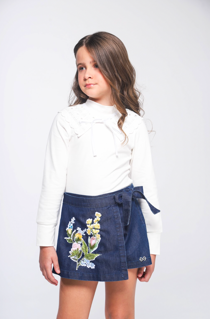 Shorts-Saia Infantil Jeans Bordada Flores - Luluzinha
