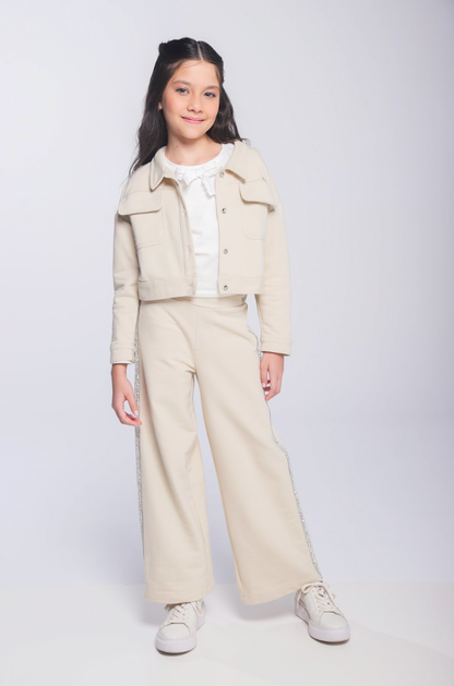 Calça Infantil Wide Leg Lateral Glitter Bege - Luluzinha