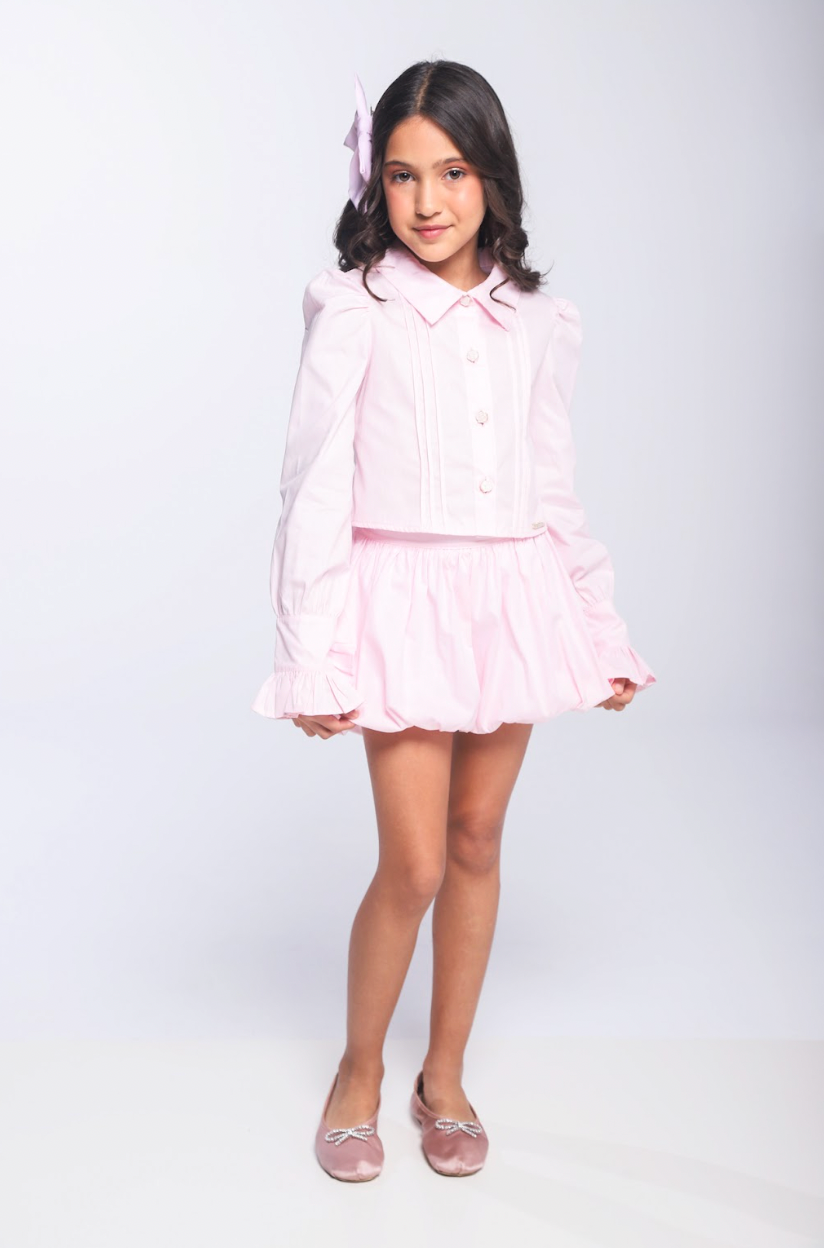 Camisa Infantil Algodão Babadinhos Punho Pregas Rosa - Luluzinha