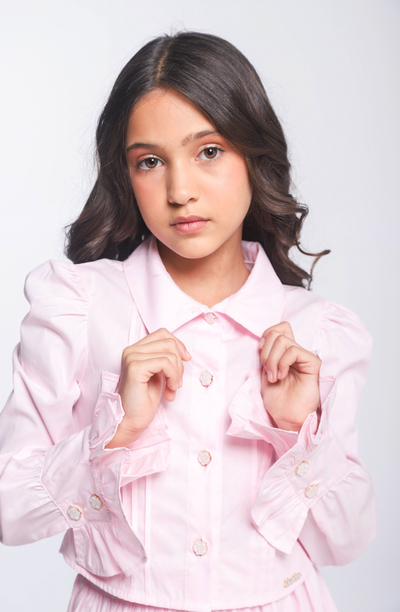 Camisa Infantil Algodão Babadinhos Punho Pregas Rosa - Luluzinha