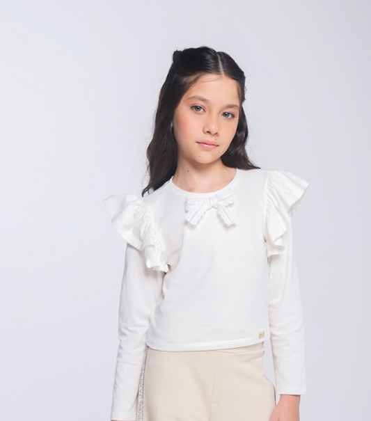 Blusa Infantil Manga Longa Com Laço Branca - Luluzinha