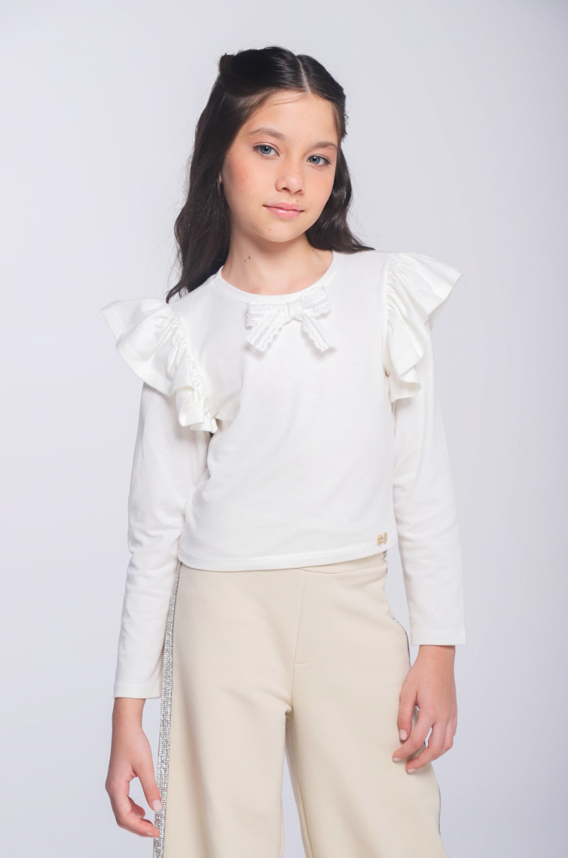 Blusa Infantil Manga Longa Com Laço Branca - Luluzinha