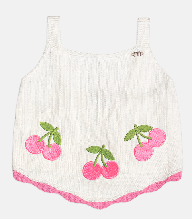 Conjunto Infantil Blusa Tricot Cerejas e Shorts Saia Jeans Com Pregas - Momi - Pré Venda