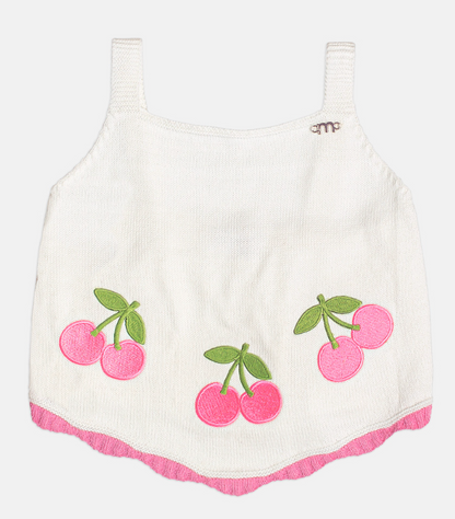 Conjunto Infantil Blusa Tricot Cerejas e Shorts Saia Jeans Com Pregas - Momi - Pré Venda