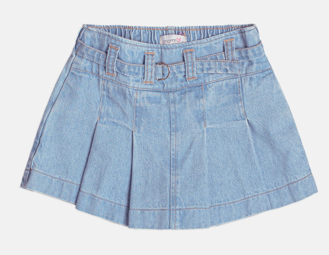 Conjunto Infantil Blusa Tricot Cerejas e Shorts Saia Jeans Com Pregas - Momi - Pré Venda