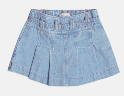 Conjunto Infantil Blusa Tricot Cerejas e Shorts Saia Jeans Com Pregas - Momi - Pré Venda
