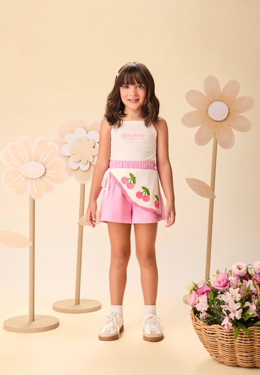 Conjunto Infantil Regata e Shorts Com Transpasse Cerejas - Momi
