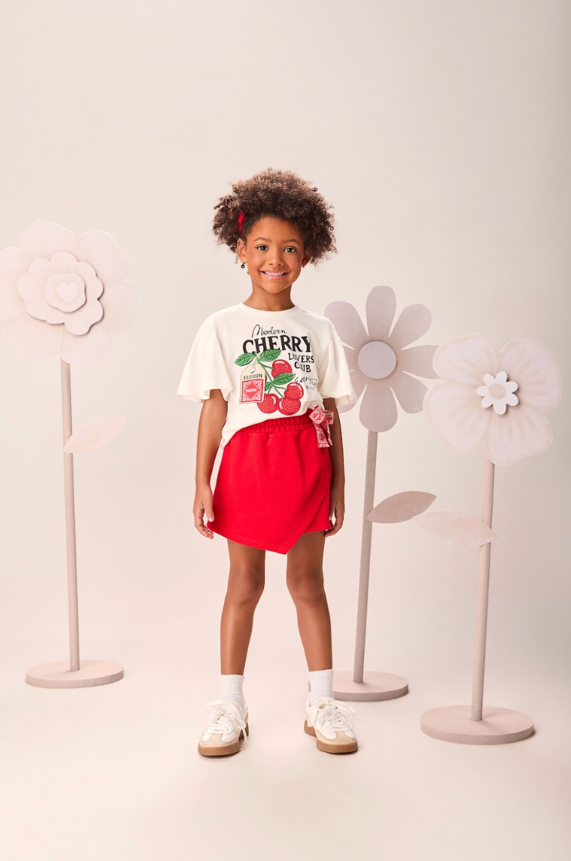Conjunto Infantil Blusa Cherry e Shorts Saia Laço Lateral - Momi