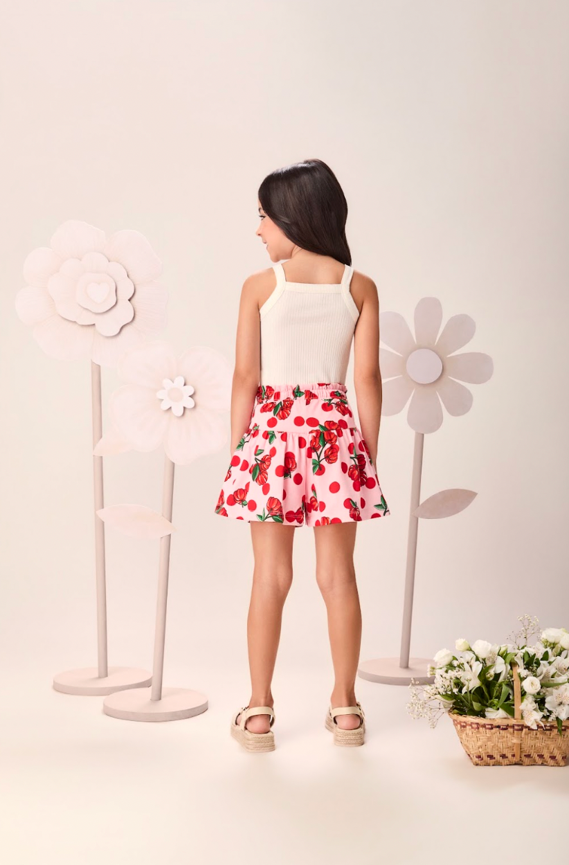 Conjunto Infantil Regata e Shorts Estampa Cherry Floral Off White - Momi