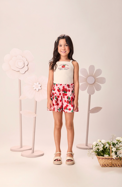 Conjunto Infantil Regata e Shorts Estampa Cherry Floral Off White - Momi