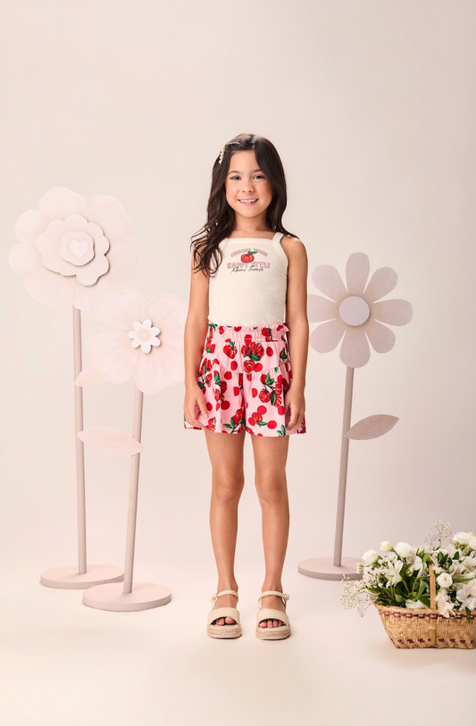 Conjunto Infantil Regata e Shorts Estampa Cherry Floral Off White - Momi