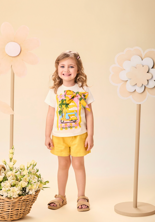 Conjunto Infantil Blusa Estampada Laço Lateral e Shorts Infantil Sarja Com Cinto Butter Cream - Momi